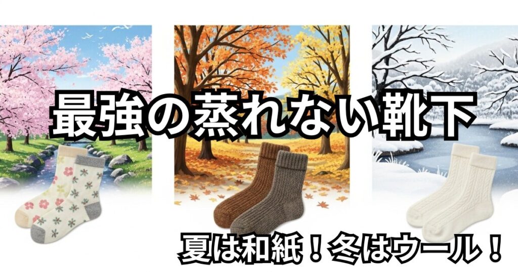 蒸れない 靴下を季節別に選ぶための画像。動物繊維（ウール）と植物繊維（綿・和紙）の機能性を対比。最強の蒸れない靴下を探すガイド。