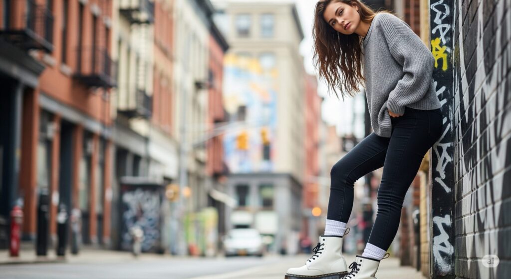 街中の背景で、白のドクターマーチン8ホールブーツと厚手の白い靴下を履いた若い女性の全身画像。