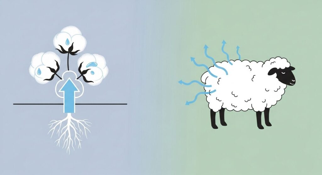動物繊維 植物繊維 違いの比較図。ウールの放湿性と綿の吸湿性を視覚的に示し、ムレない 靴下の原理を解説。