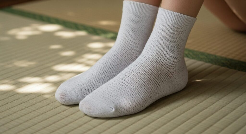 和紙 靴下の質感を示すクローズアップ写真。清涼感があり、夏 靴下 サラサラを保つ多孔質構造を連想させる。