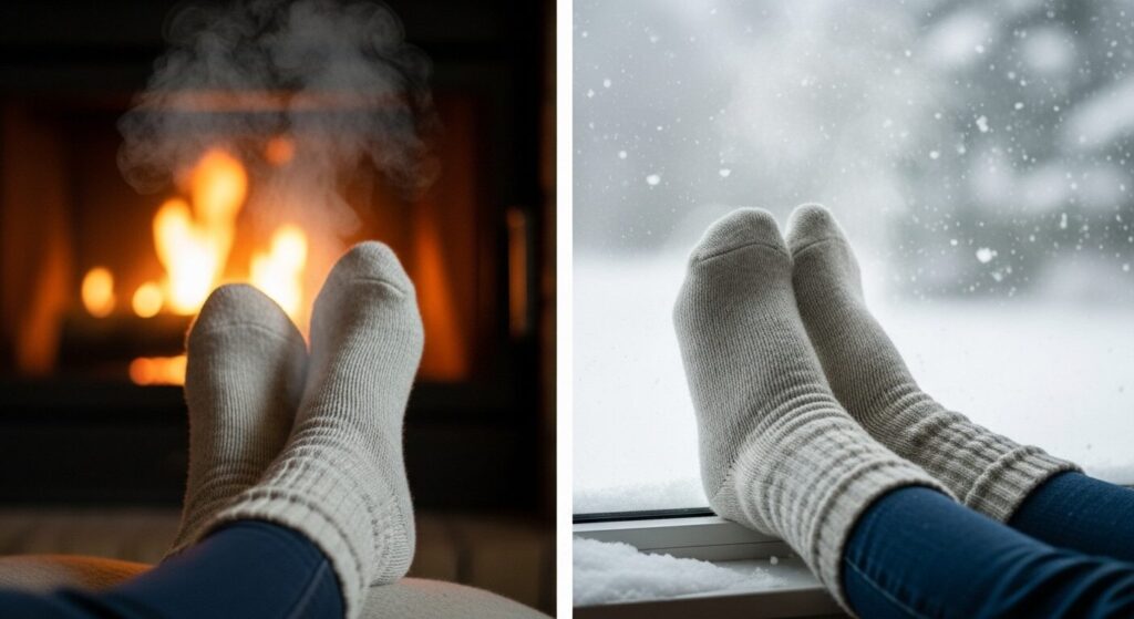 ウール 冬 蒸れないためのメリノウールソックス。暖かさと放湿性を兼ね備えた、最強の蒸れない靴下の冬用イメージ。