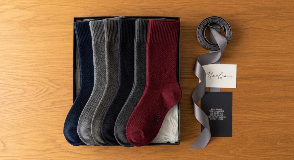 上質なメンズ靴下が詰められたギフトボックスとメッセージカード