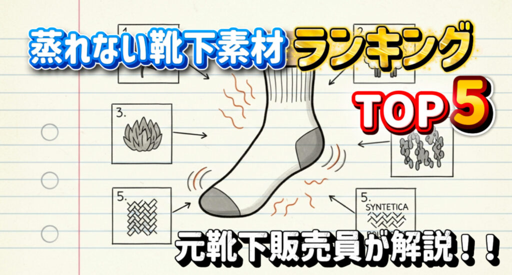 蒸れない靴下の素材をランキング形式で紹介したアイキャッチ画像。元靴下販売員が通気性・吸汗性に優れた素材TOP5を解説。