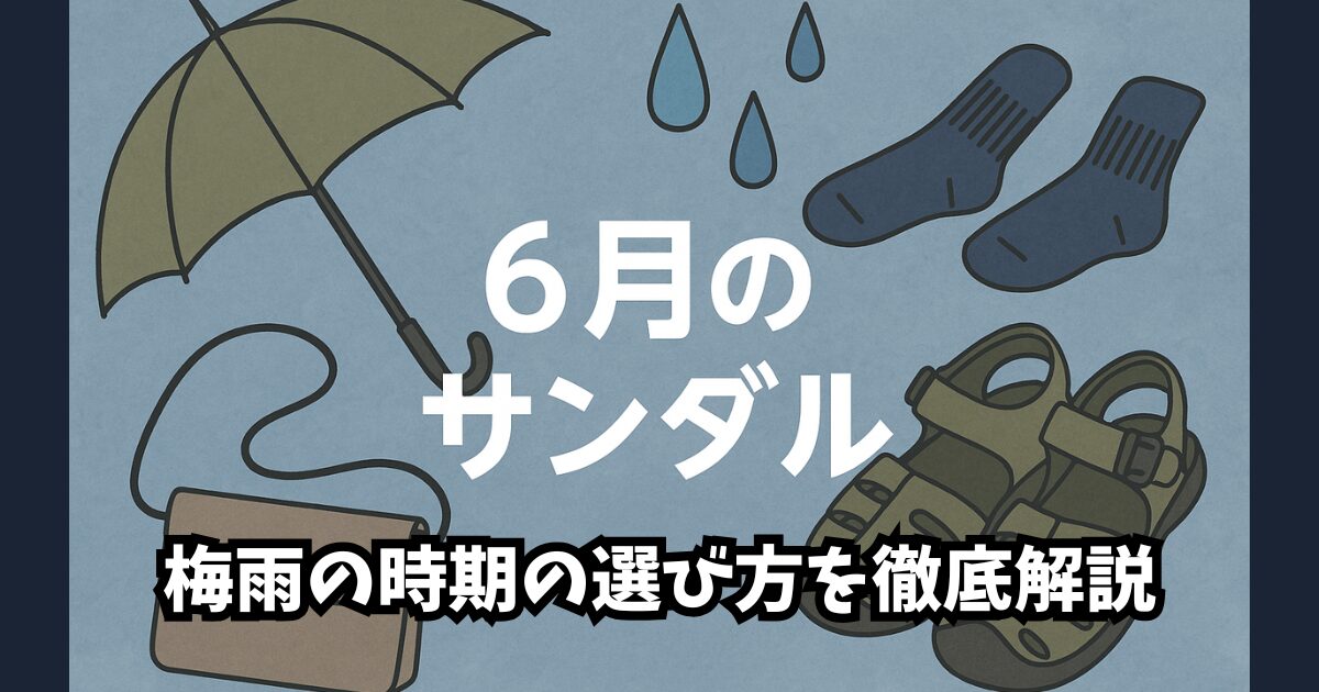 6月の雨の日におすすめの靴と靴下を並べたサンダルコーデのイメージ｜梅雨の快適な足元スタイル提案