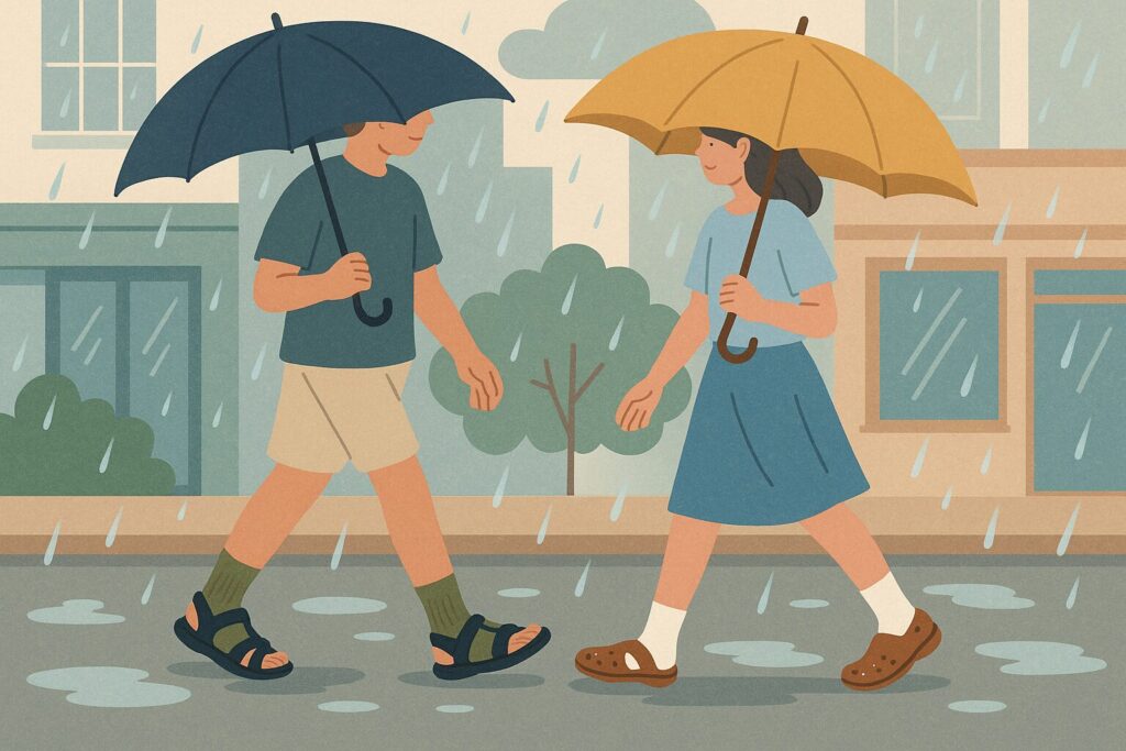 梅雨の街歩きにおすすめの靴下×サンダルコーデ|雨の日でも快適な足元スタイルを提案