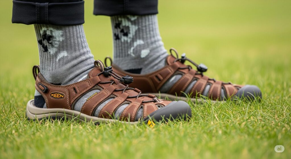 緑の背景の中に、茶色の革製のKEEN UNEEKサンダルとスタイリッシュな靴下を組み合わせた横長画像。
