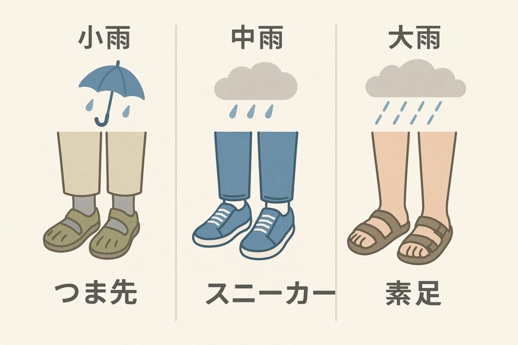 雨の強さに応じた靴と靴下の選び方|小雨・本降り・大雨別の足元コーデ解説図