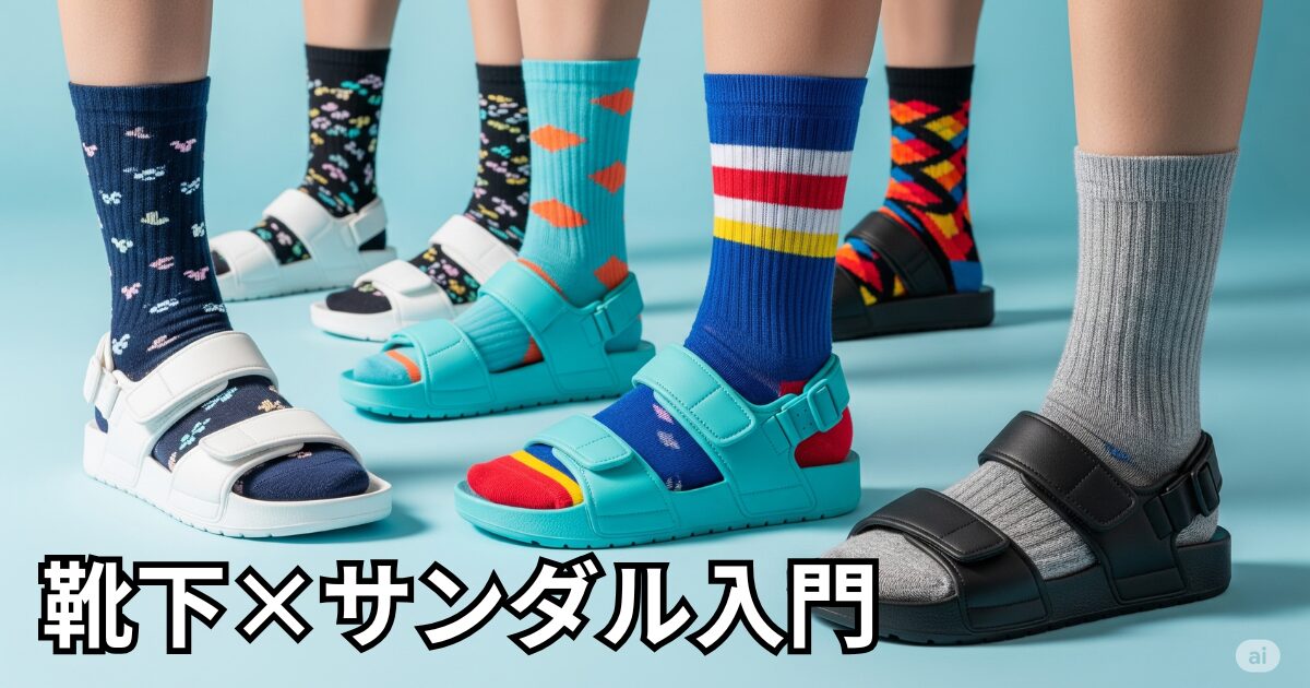 スポーツサンダルと様々な色の靴下を組み合わせた、おしゃれで機能的な足元のクローズアップ。記事のテーマであるサンダルと靴下の組み合わせの多様性と魅力を表現。