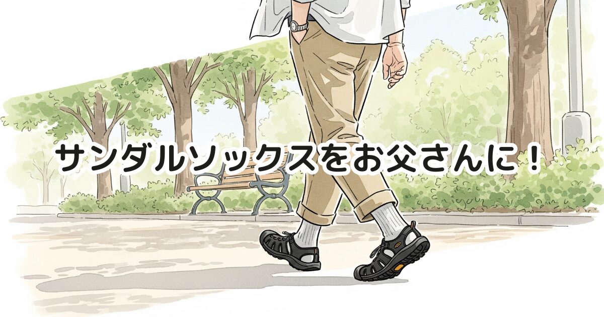 明るい屋外（春〜初夏の昼間）の歩道を歩く、40代から60代くらいの男性の後ろ姿のイラスト。KEENユニーク風の黒いスポーツサンダルにグレーの靴下を合わせ、ベージュのシャツを羽織ったラフな服装です。背景にはグリーンの街路樹やベンチが見え、穏やかな初夏の雰囲気が描かれています。全体的に手描き風の柔らかい水彩タッチで、ナチュラルな色合いです。