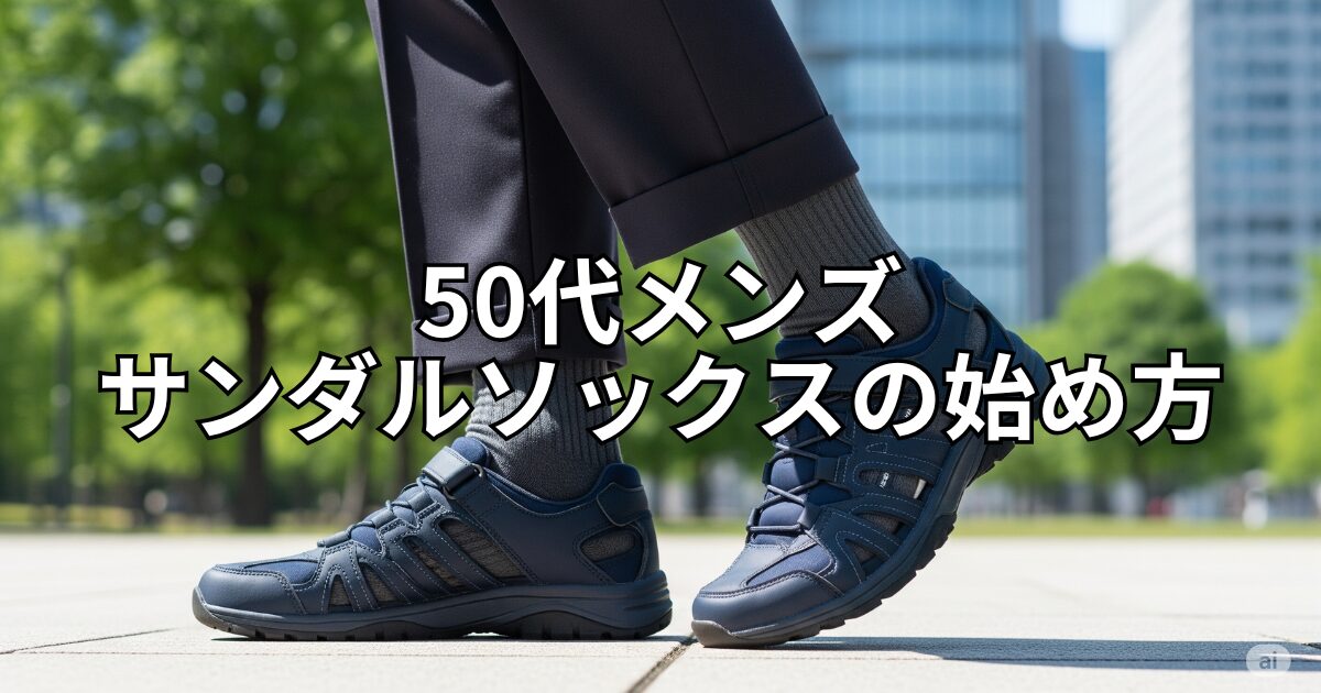 明るい光が差し込む都市の公園で、自信に満ちた表情の50代日本人男性の足元がクローズアップされています。彼はネイビーのスポーツサンダルに、ダークグレーの落ち着いたクルー丈ソックスを合わせており、足元から品のあるカジュアルさが漂います。背景は緑豊かな木々と現代的な建物のシルエットがぼんやりと見え、都会的で快適なライフスタイルを連想させます。