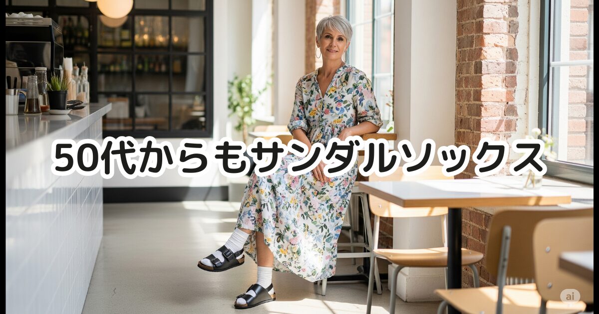 柔らかな光が差し込む屋外で、上品なベージュのトップスとワイドパンツを着用した50代女性の足元。黒のシンプルなスポーツサンダルと、それに合わせた控えめなリブ編みのグレーの靴下が見える。全体的に落ち着いた色合いで、快適さと洗練された大人のカジュアルスタイルを表現している。