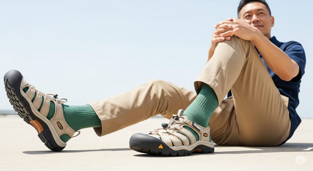 明るい屋外で、50代日本人男性がKEEN UNEEK(ユニーク)サンダルを着用している足元から上半身の一部を写した横長の画像。サンダルはサンドベージュの色で、それに合わせた落ち着いたグリーンのクルー丈ソックスを履いています。ボトムスはゆったりとしたカーキのチノパンで、全体的にリラックス感がありながらも、洗練されたアウトドアカジュアルな雰囲気を作り出しています。