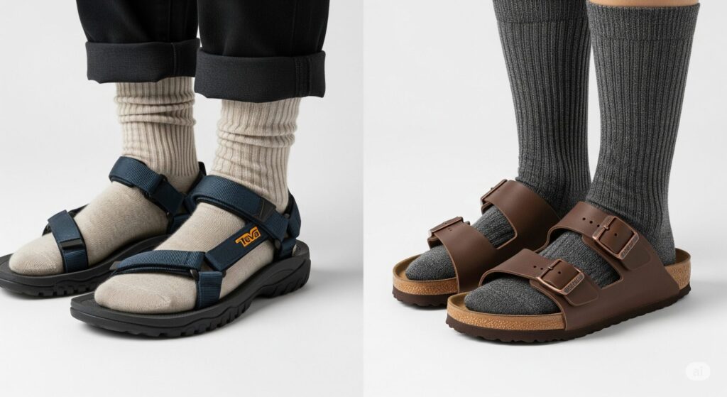 Tevaのハリケーンシリーズのサンダル(暗めの色)と、リネン混ソックス、そしてBIRKENSTOCKのアリゾナ(ブラウン系レザー)とリブソックスを組み合わせた足元を写した画像。それぞれのサンダルと靴下の素材感やスタイルがわかるように表現しました。