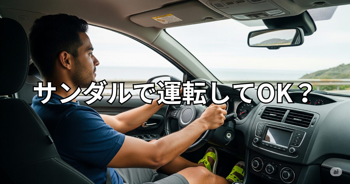 スポーツサンダルを履いた足が車のペダル（アクセルとブレーキ）に置かれている様子。開放感のある夏のドライブと、ペダル操作の安全性が対比されるような構図で、読者の関心を引くようなイメージ。横長。