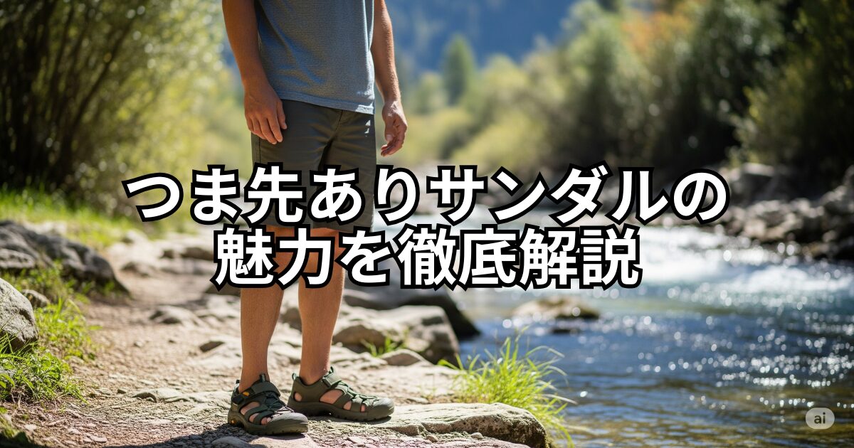 丈夫なつま先ありスポーツサンダルを履いた人物が、少し岩の多い小道や小川のそばに自信を持って立っている横長のアイキャッチ画像。サンダルが提供する保護と快適さを強調している。背景はぼかされた自然の屋外の風景で、冒険と安全性を暗示している。