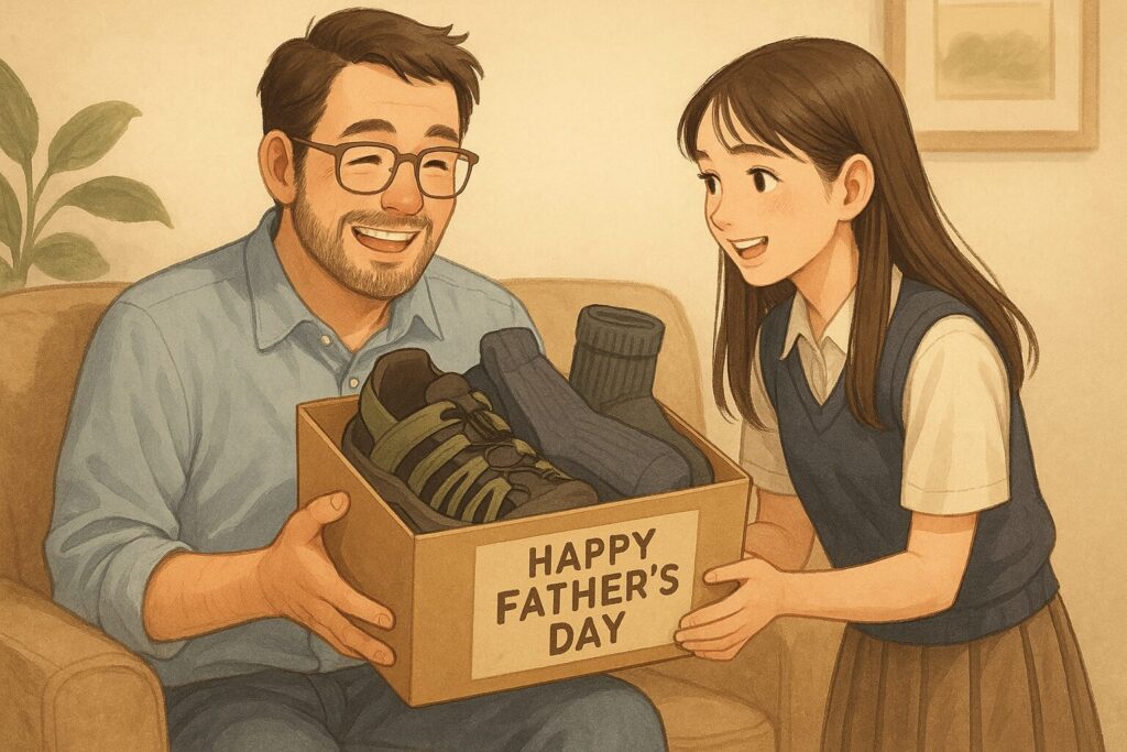 高校生くらいの娘が父親にサンダルと靴下をプレゼントしている、温かみのある横長のイラスト。プレゼントの中身が箱から見え、父親が笑顔で受け取っているシーン。