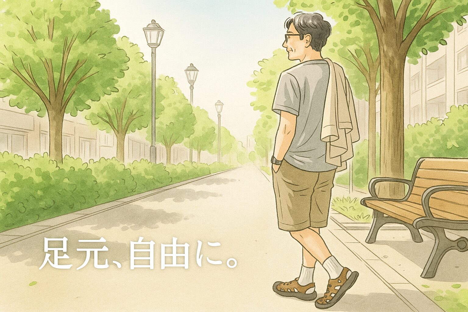 KEEN風サンダルと靴下を履いた中年男性が街路樹の並ぶ歩道を歩く春夏の昼下がり