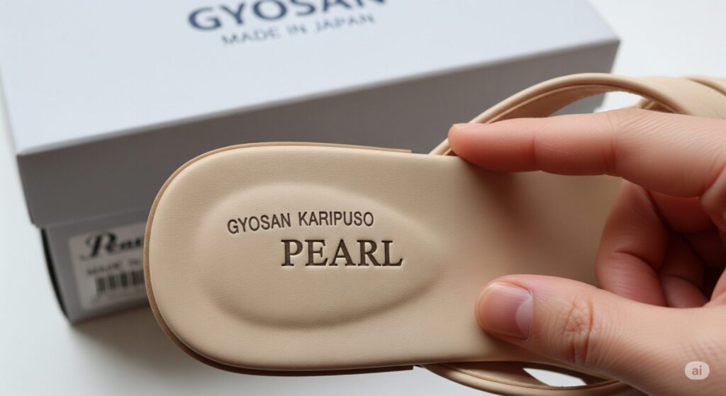 ベージュ色のパール ギョサンサンダルのかかと部分のクローズアップ。はっきりと「PEARL」と「GYOSAN KARIPUSO」の刻印が見える。横には「MADE IN JAPAN」と書かれた箱の一部が写り、指で鼻緒とソールの一体成型部分をなぞっている様子がわかる横長の画像。