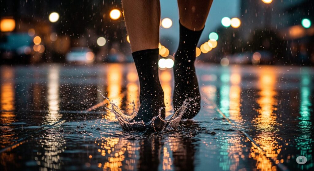 撥水靴下を履いた足元が水たまりを歩き、水しぶきが弾かれている様子を捉えた横長の画像。夜の街の光が水面に反射し、シネマティックな雰囲気。