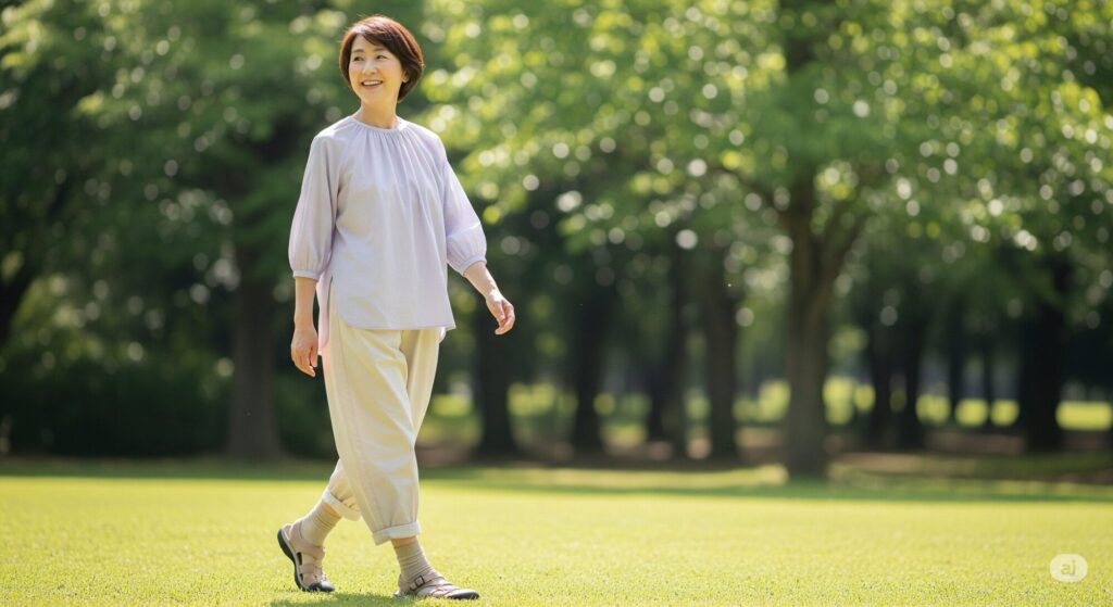 60代の日本人女性が、ベージュの靴下とKEENユニーク風のサンダルを履き、公園でリラックスして歩いている姿。カジュアルな服装で、自信に満ちた表情をしている。
