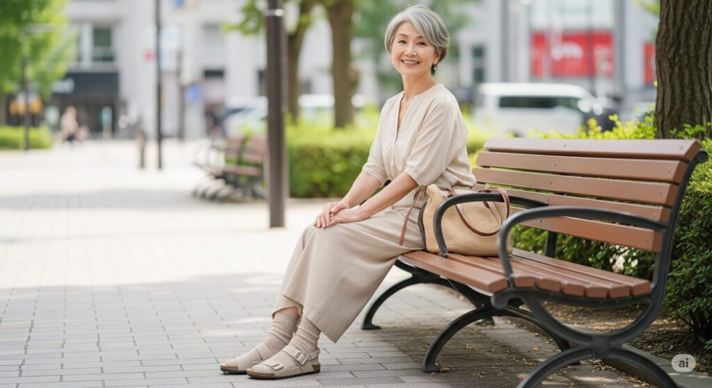 60代の日本人女性がベンチに座り、ベージュのパンツ、同系色の靴下、ニュートラルカラーのサンダルを組み合わせたコーディネートを見せている。優しく微笑み、軽やかで快適な服装。都会的でカジュアルな雰囲気の中、自然光が柔らかく差し込んでいる。