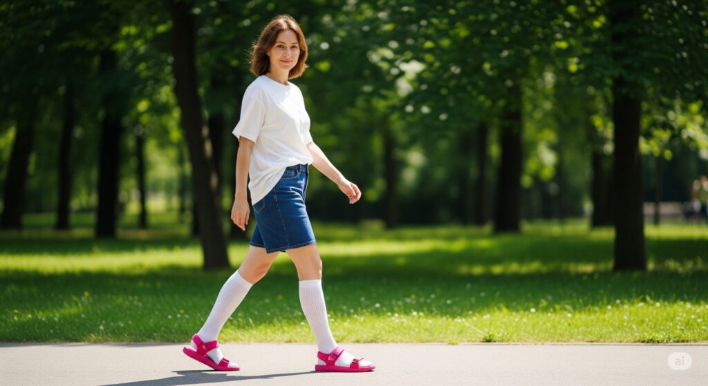 緑豊かな公園をスポーツサンダルと白いソックスを履いて歩く女性。サンダルと靴下の組み合わせで臭いを予防する