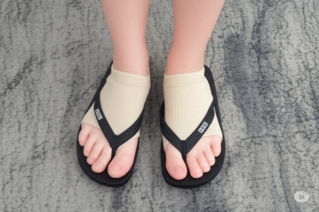 ベージュのパーツソックスと黒いビーチサンダルを履いた女性の足元のクローズアップ。背景は薄いグレーの柄の入った床。ナチュラルでカジュアルな印象を与え、パーツソックスがサンダルに馴染んでいる様子がわかる。