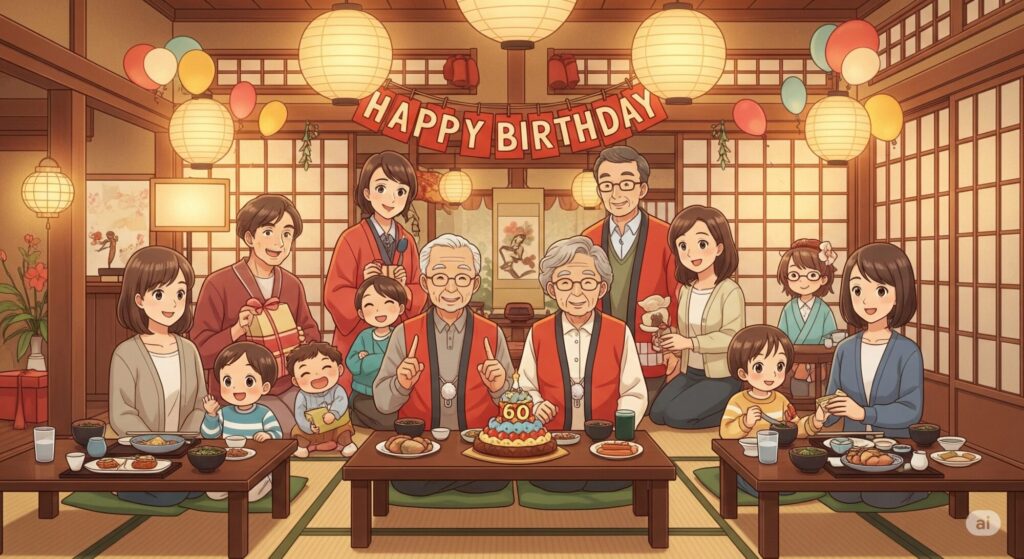 還暦祝いする画像、靴下を贈る大家族
