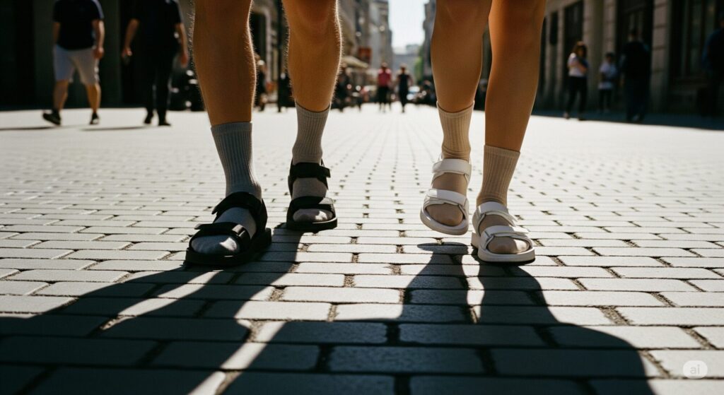都市の石畳を歩く男女の足元。黒と白のスポーツサンダルにグレーとベージュの無地ソックスを合わせ、午後の日差しが影を落とすスタイリッシュな夏の風景。