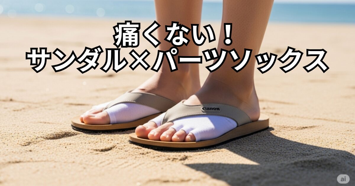 夏のビーチで、ベージュの指割れパーツソックスを履いた足元。白い鼻緒のサンダルとの組み合わせで、痛くなりにくく清潔感のある快適な足元のおしゃれを表現している。