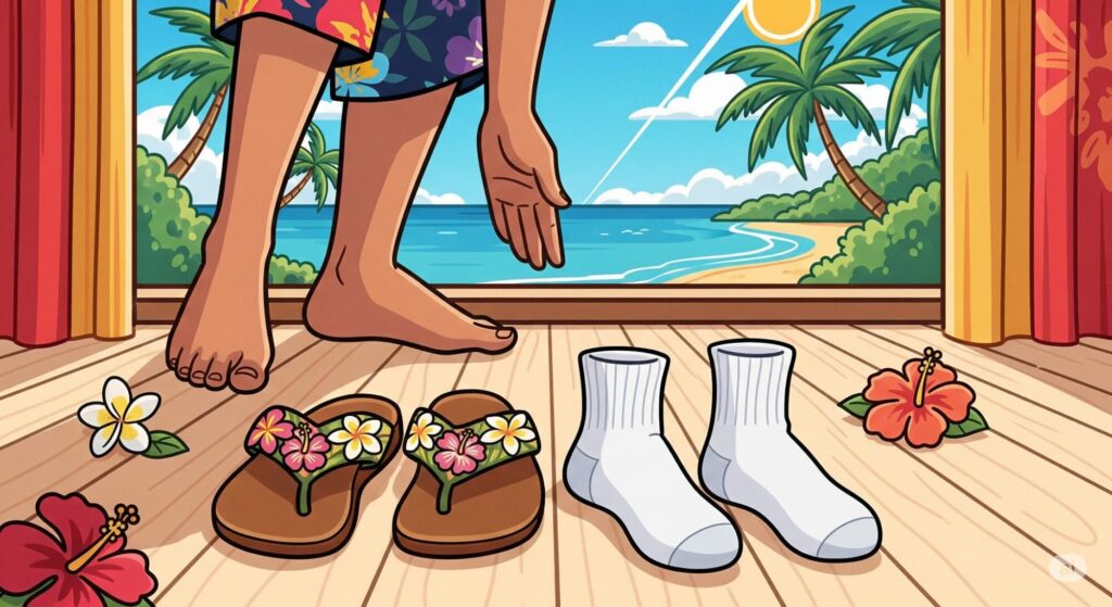 ハワイ風のイラスト。木目の床の上に、ハイビスカスの花柄の鼻緒が付いたビーサンと、白い靴下が並べて置かれている。画面上部には、素足の人物が身をかがめており、どちらを履くか悩んでいる様子がうかがえる。背景の窓からは、ヤシの木が生い茂るビーチと海、青空が見える。