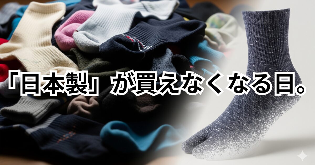 安価な輸入品の靴下が積み重なる横で、高品質な日本製靴下が半透明になり消えていく様子を描いた画像。
