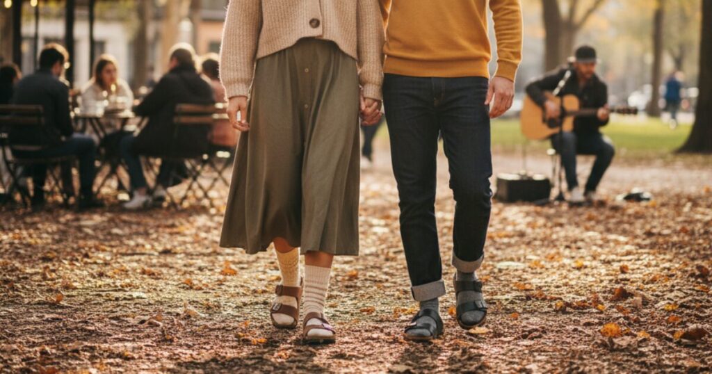 紅葉した公園を歩くカップルの足元。男性はダークカラーのサンダルと靴下、女性は明るい色のサンダルと靴下を合わせており、秋のファッションを楽しんでいる様子。