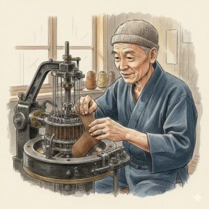 手書きの温かみのあるイラストで、白髪の年配の男性（靴下職人）が、古風な編み機を真剣な表情で操作している様子。機械からは、完成したばかりの靴下が出てきています。