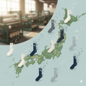 日本地図の上で、さまざまな色の靴下が少しずつ崩れて消えていく様子が描かれています。背景にはぼんやりと工場の機械が見え、日本の靴下産業の衰退と、それに伴う製品の減少を示唆しています。