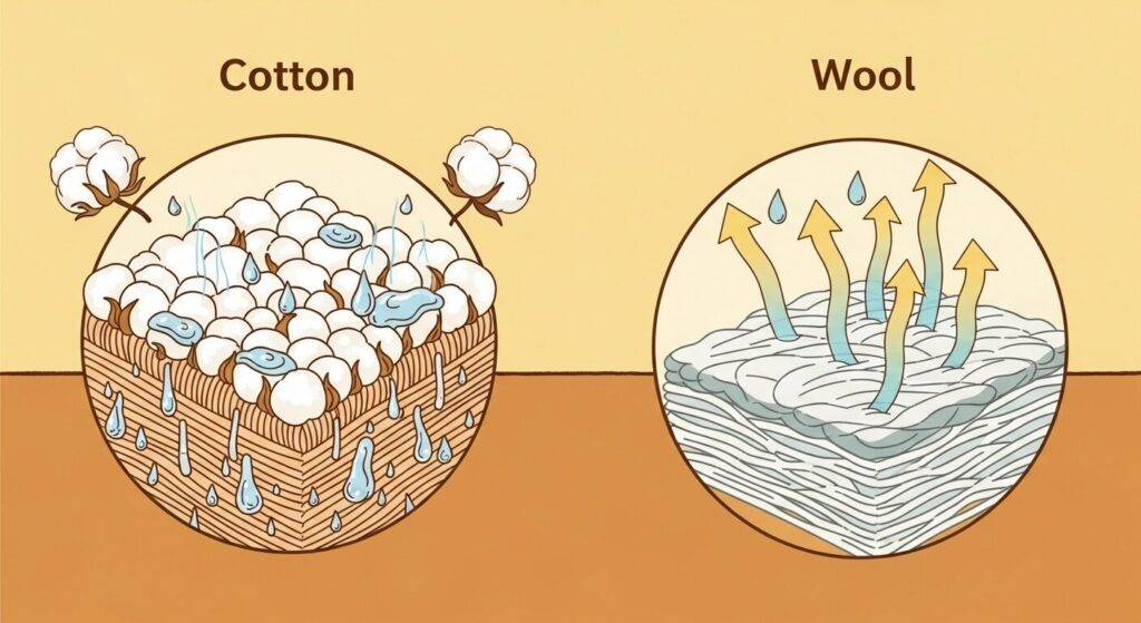綿ウールソックスの繊維が湿気を放出してムレないことを示す図。コットンとの放湿性を比較。