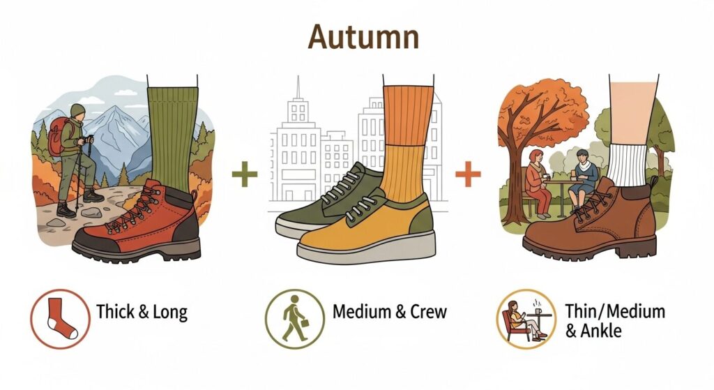 実使用シーン別の靴下選び（丈感・厚さ）を示すガイド写真