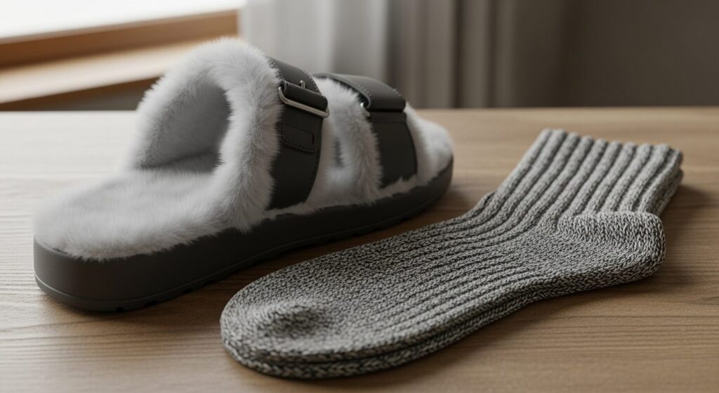 冬用サンダルの暖かい内側のボア素材と厚手のウールソックスのクローズアップ。