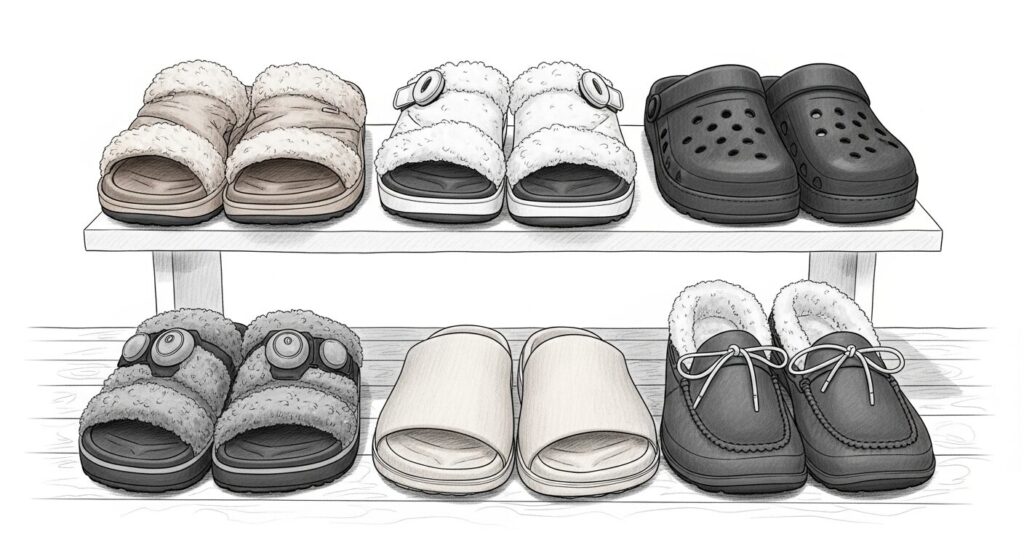 異なるブランドの冬用サンダルが数足並べられたコレクション。