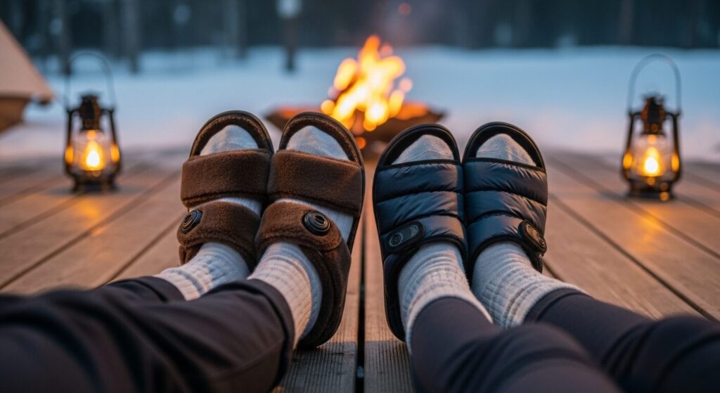 冬のキャンプ場で暖かそうなソックスと冬用サンダルを履いてリラックスする男女の足元。