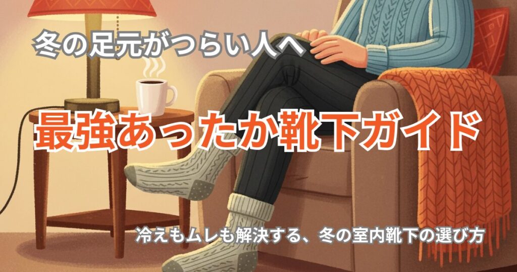 冬の室内でルームソックスを履き、温かい飲み物を飲みながらくつろぐ男性のイラスト