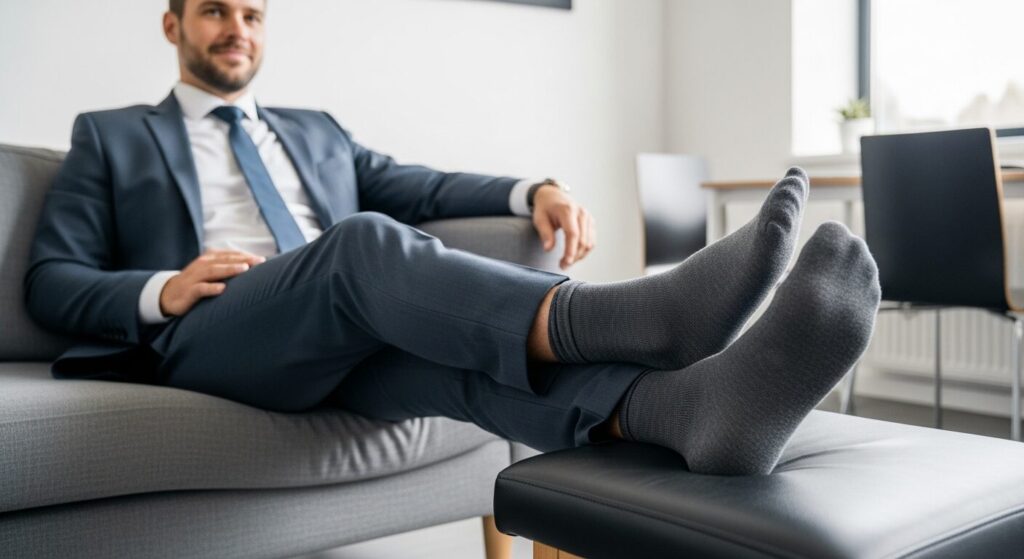 革靴を脱いでリラックスするビジネスマン。履き口ゆったりの快適な靴下を着用。