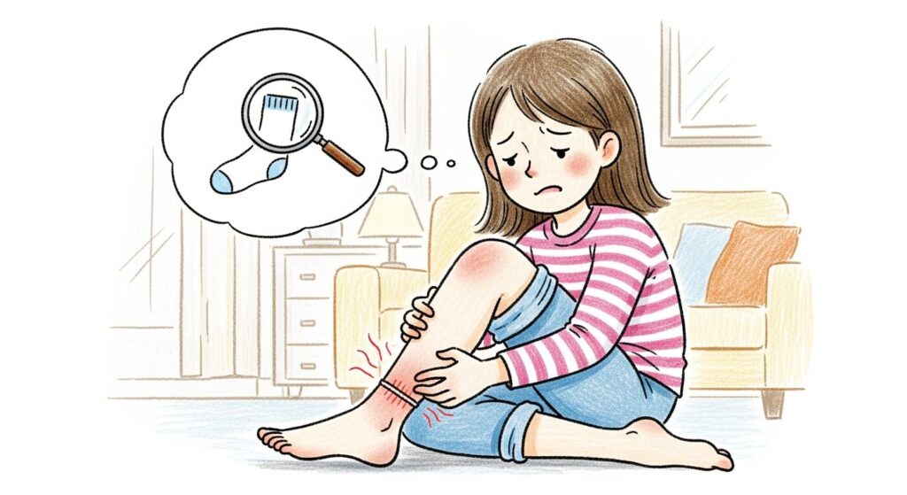 足首に残ったくっきりとした靴下のゴム跡とむくみ。