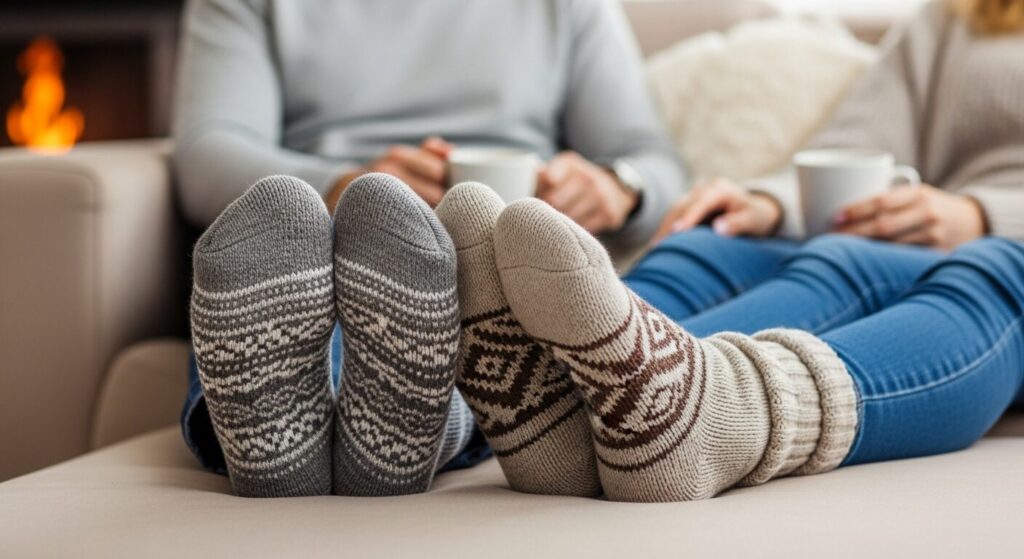 バレンタインに靴下を贈る意味をイメージした、リラックスして過ごすカップルの温かい足元