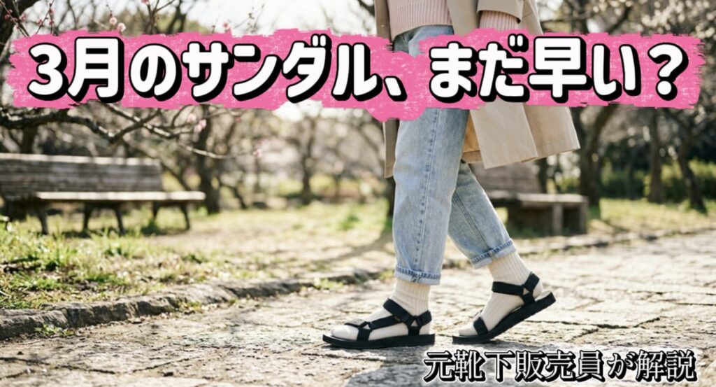 3月にサンダルを履き始める時期を解説。トレンチコートと厚手の靴下を合わせた、おしゃれで寒くない春のスポーツサンダルコーディネート。